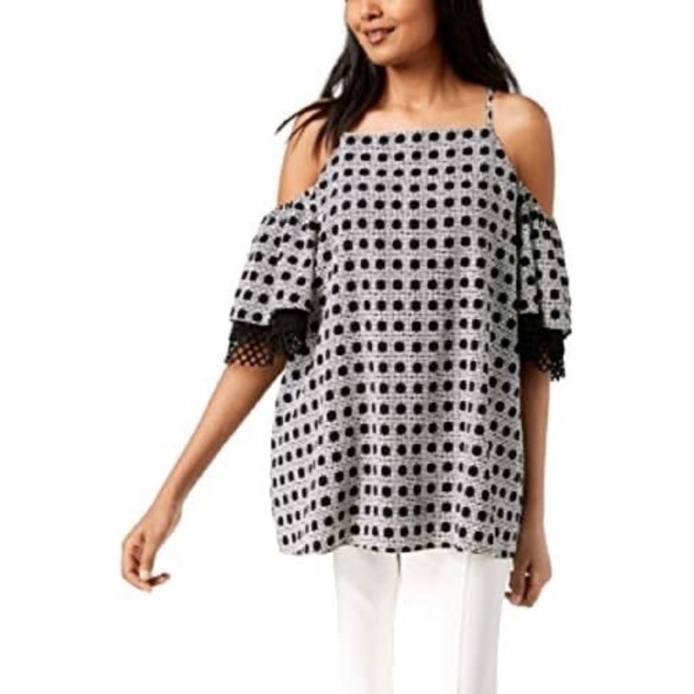 Alfani Womens Cold Shoulder Flutter Sleeve Crochet Trim Blouse Black White Small